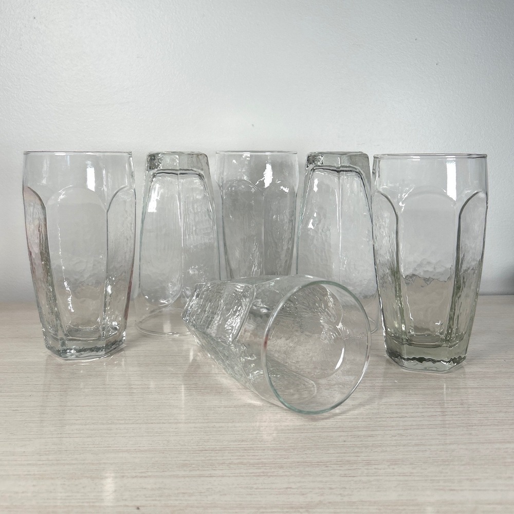 Libbey Chivalry Bark Hexagon Panel Clear Glass Tumblers SIX